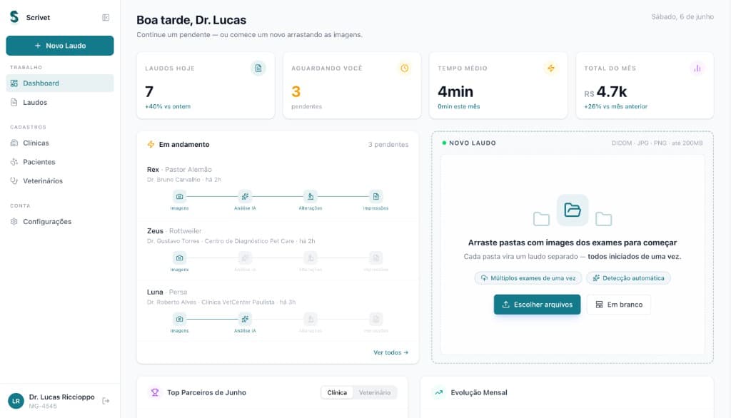 Dashboard do Scrivet — visão geral de laudos de ultrassom, métricas e fluxo de trabalho