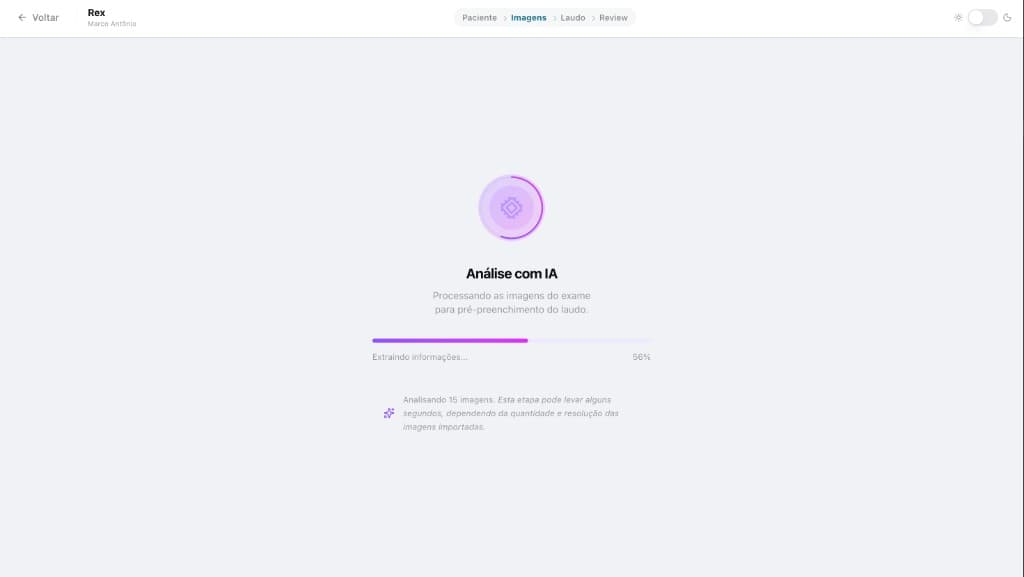 Tela de análise com IA mostrando o progresso de processamento das imagens de ultrassom